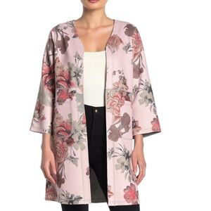 JOAN VASS Garden Floral 3/4 Sleeve Faux Suede Open Topper Jacket